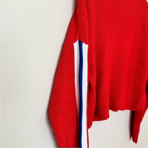 H&M Divided Bright Red Crop Turtleneck Sweater with Blue/White Sleeves - Size XS - Picture 4 of 7